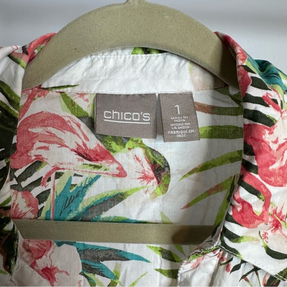 Chicos Sz 1 MEDIUM 6/8 Tropical Beach Flamingo Blouse Shirt Top Summer Cute - Picture 5 of 12